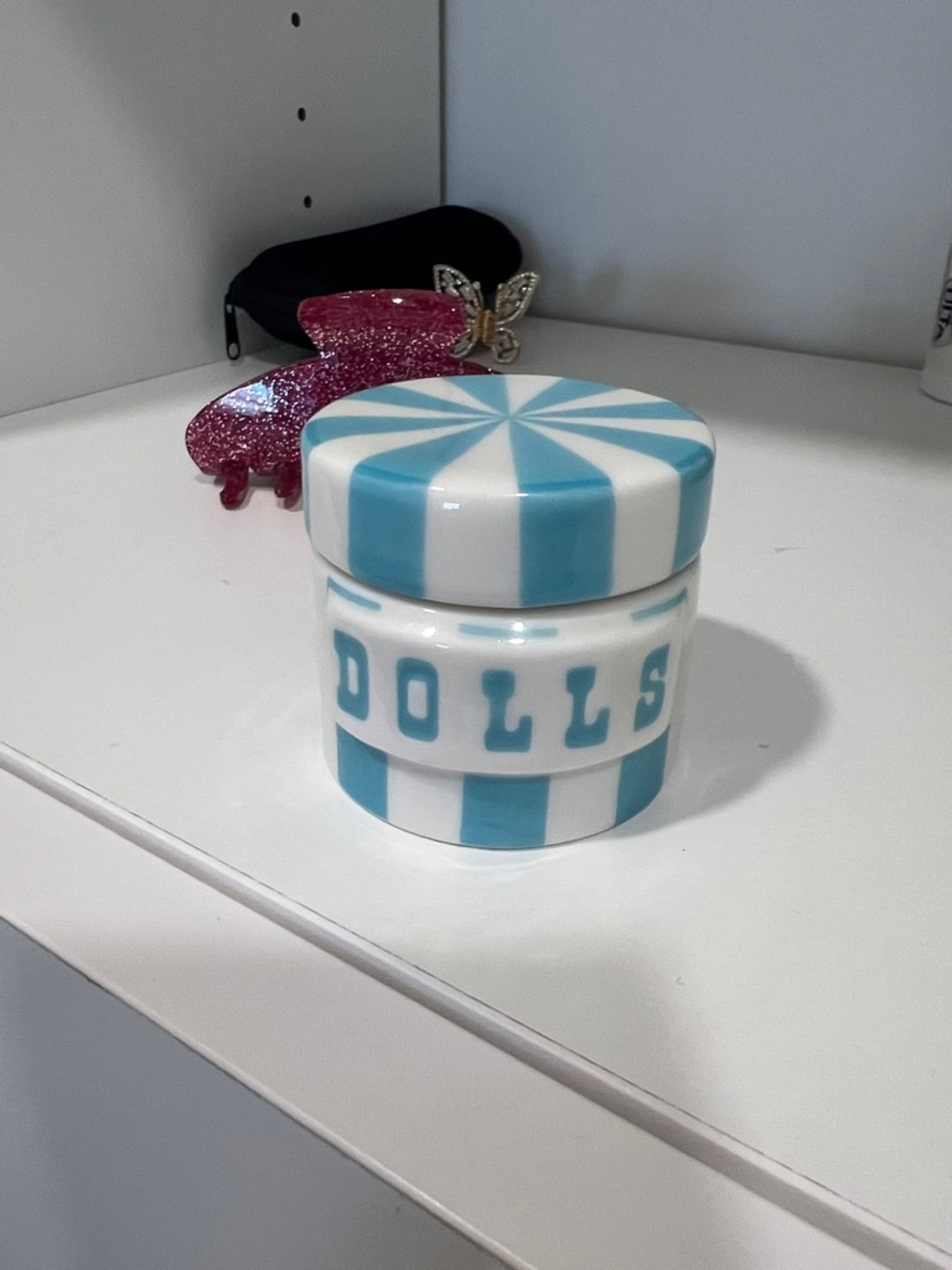 Striped Blue & White 'DOLLS' Ceramic Jar